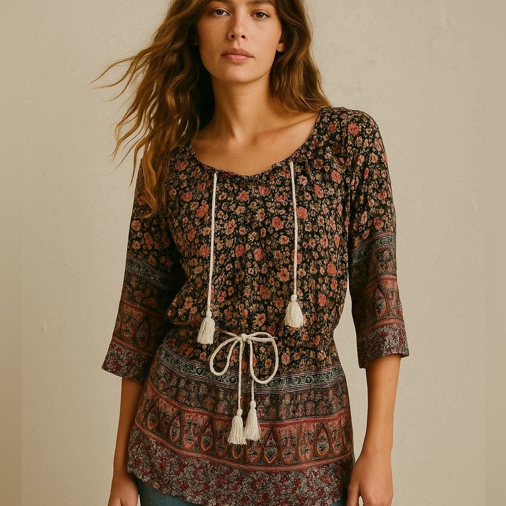 Paradise Dark Black Floral Pattern Boho Long Tie Waist Tunic Blouse Size Medium